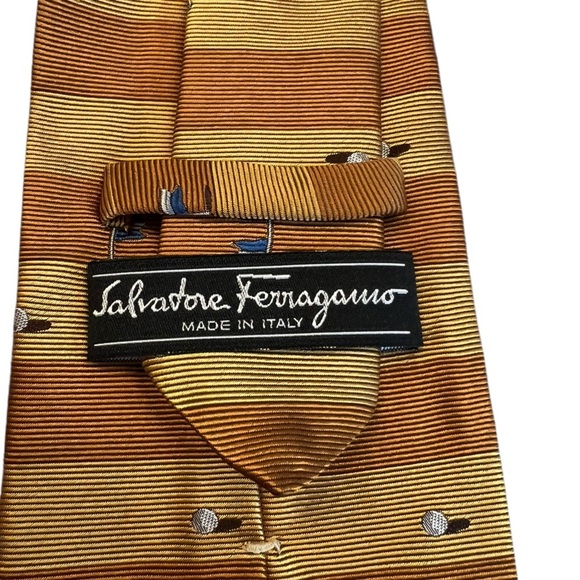 Salvatore Ferragamo Men’s Silk Tie Golf Tee and Golf Ball Gold Striped Necktie - Picture 4 of 4